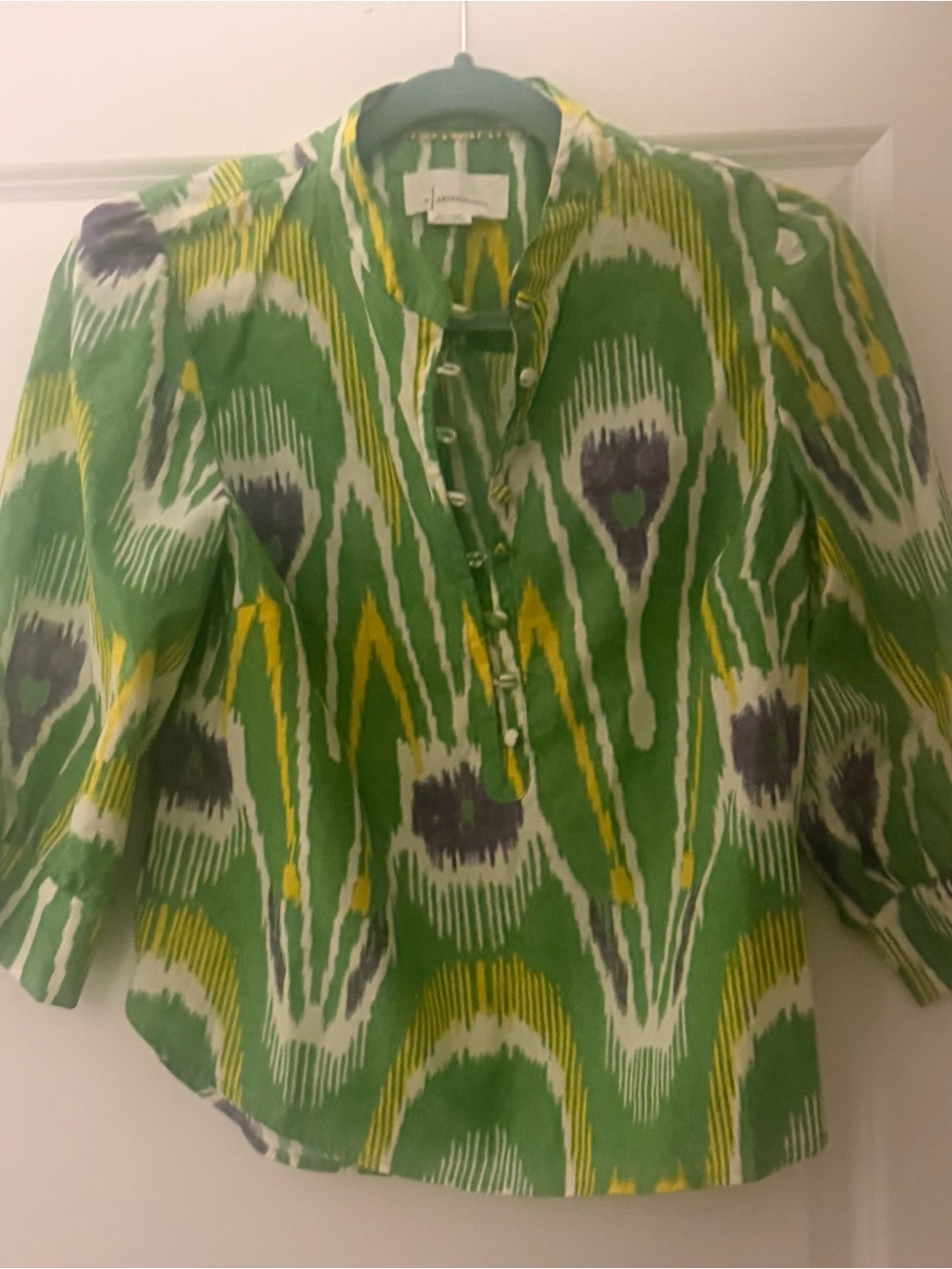 Anthropologie Sharona green Ikat Print Split-Neck Blouse with Yellow & purple